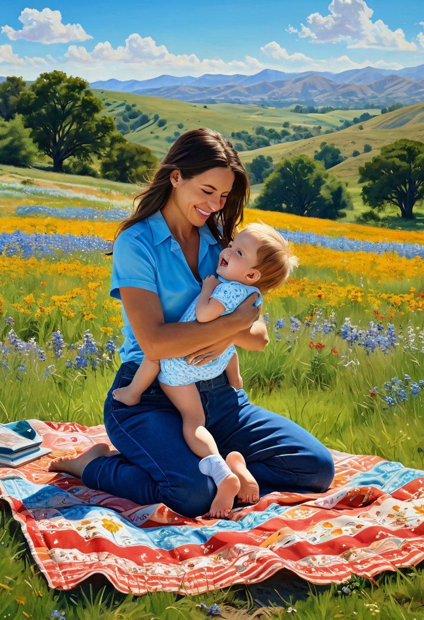 A warm, sunny Texas landscape featuring a caring parent engaging joyfully with their child in a field of wildflowers. Include elements like a picnic blanket, books about wellness, and playful animals around them to represent a nurturing environment. The background should showcase rolling hills and a clear blue sky, evoking a sense of peace and happiness. super-realistic. vibrant colors. sunny atmosphere.