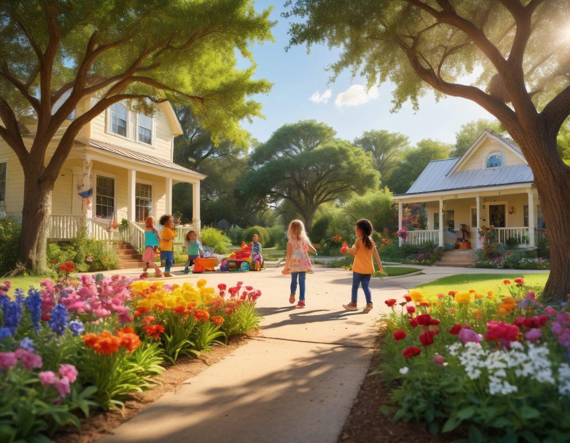 A serene Texas landscape featuring a diverse group of happy children playing outdoors, under a bright sun, surrounded by lush greenery and blooming flowers. In the background, a friendly pediatrician interacting with kids, symbolizing health and care, with colorful toys scattered around. Include elements representing child development like building blocks and art supplies. bright colors. super-realistic.