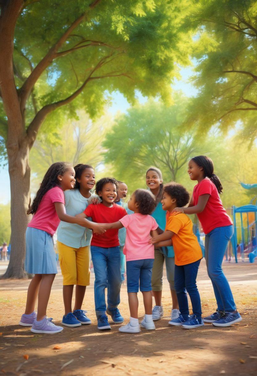 A warm, inviting scene depicting a diverse group of children playing joyfully in a sunny park, surrounded by caring adults offering hugs and support. Include elements like colorful playground equipment, trees with soft, green leaves, and a bright blue sky. Emphasize feelings of love, safety, and community through smiling faces and gentle interactions. Illustrate this with vibrant colors and a soft-focus effect to enhance the emotional warmth. super-realistic. vibrant colors.